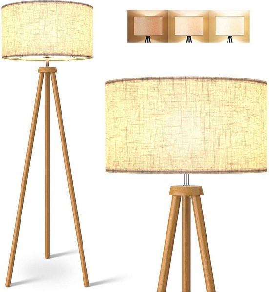 Jibenhome LED Stehlampe LED Stehlampe mi Leinenschirm, 3 Farbtemperaturen, Holz Dreibein, Skandinavisches Standleuchte für Wohnzimmer, Schlafzimmer und Büro