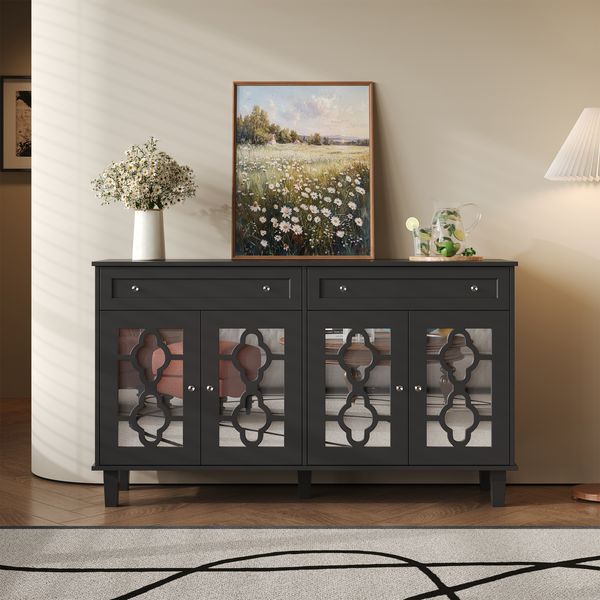 Merax Sideboard mit vier Spiegeltüren, Schubladenschrank mit Schubladen, verstellbaren Einlegeböden und Kristallgriffen, Schwarz