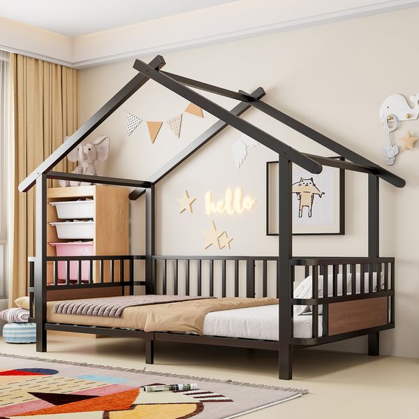 Kinderbett aus Metall in Hausform, 90x200 cm, mit Sicherheitsgitter, Dachdesign und dekorativem Rahmen, für Jungen und Mädchen, Schwarz