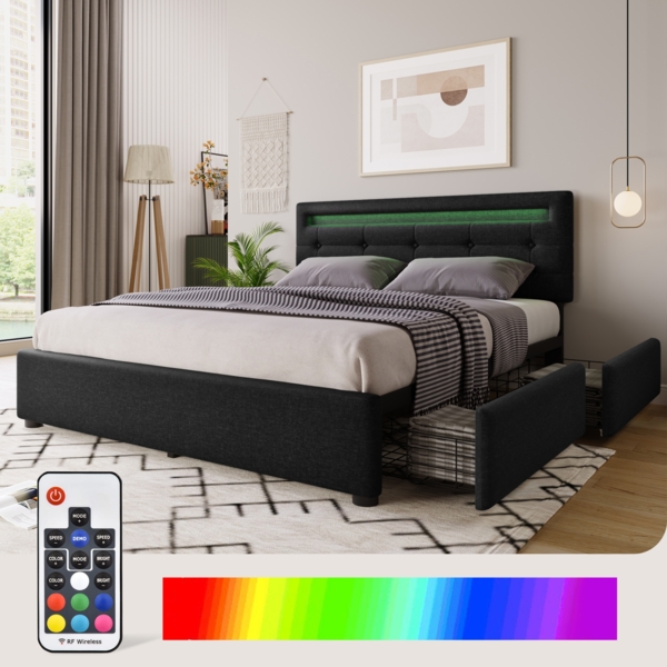 Einzelbett 140 × 200 cm mit LED-Beleuchtung, verstellbarem Kopfteil, 4 Schubladen, Leinenbezug in Schwarz, modernes Design