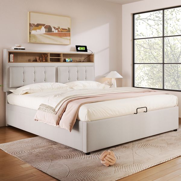 Polsterbett 160×200 cm aus Leinen-Stoff mit USB-Typ-C-Anschluss und Steckdosen, beige
