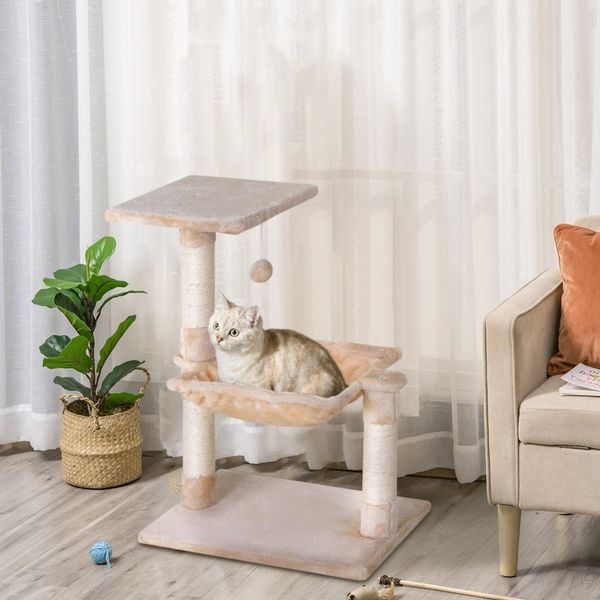 Kratzbaum Mit Hängematte & Sisalpfosten - Kleiner Katzenbaum Kletterbaum Mit Spielzeug Und Plüschbezug, Beige