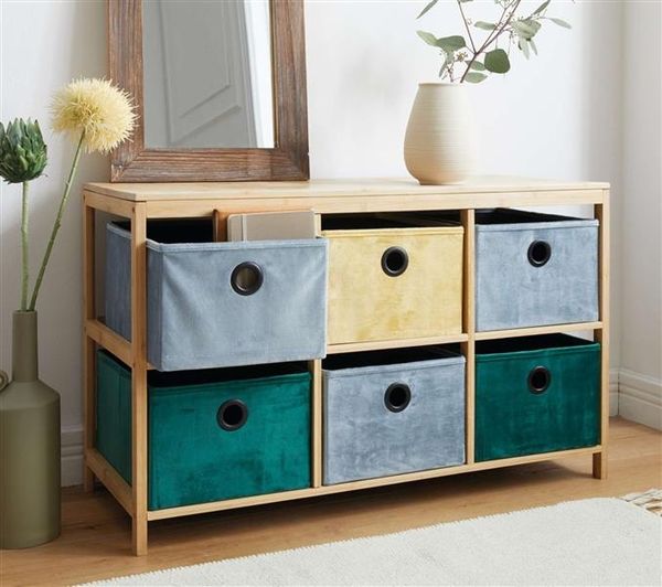 Regal "Bunt" aus Bambus mit 6 Boxen aus Textil in Samt Optik, Aufbewahrungsregal, Bambusregal mit Aufbewahrungsboxen