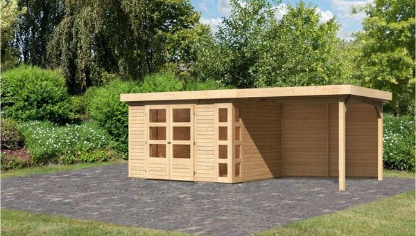 Gartenhaus Kerko 5, 302 x 246 cm inkl. Anbaudach 2,80 m mit Rückwand, 19 mm Holz naturbelassen, Karibu