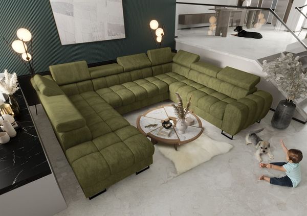 Wohnlandschaft Schlafsofa BASTIEN XL in Stoff Terra Mintgrün Ottomane Links