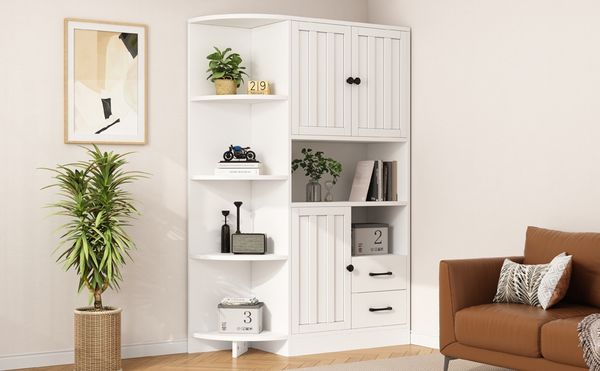 Sideboard Eckschrank 104x35x155 cm, 3 Schränke + 2 Schubladen, 6 offene Fächer, weiß, verstellbare Einlegeböden