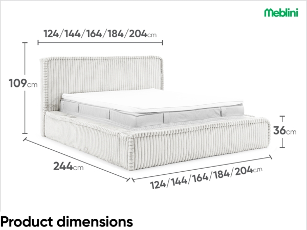 MEBLINI Polsterbett 200x200 mit Lattenrost mit Matratze - MESUT - Hellgrau Cordstoff - Bubble Bett - Cloud Bett - Marshmallow Bed - Kopfteil Bett mit Stauraum Bild 7
