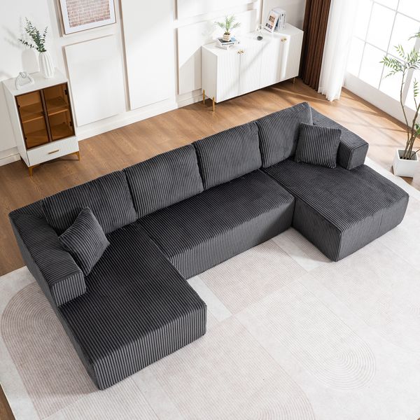 Schlafsofa U-Form 332x156x88 cm Grau aus Corduroy mit Federkern- und Schwammkernkomfort, ohne Montage