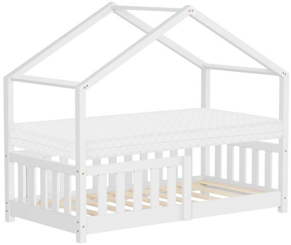 ML-DESIGN Spielbett Hausbett Kinderbett inkl. Lattenrost & Rausfallschutz Kinder Bodenbett, Abenteuerbett 70x140 cm mit Matratze Himmelbett Kiefer Jugendbett Weiß