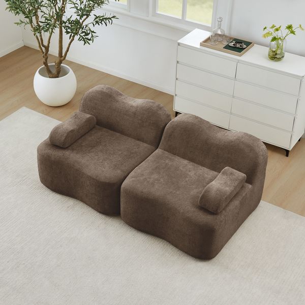 Ecksofa modular in Braun, tiefe Sitzfläche, Samtbezug, rahmenloses Wellendesign, montagefrei,70x192x98 cm