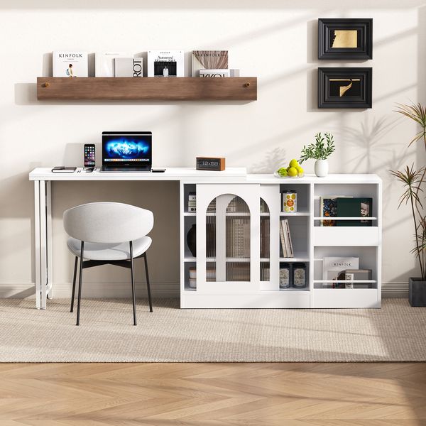 Tisch 121,5 x 40 x 76,7 cm in Weiß, ausziehbar mit 360° drehbarer Seitenplatte, Glasschiebetüren und Stauraum