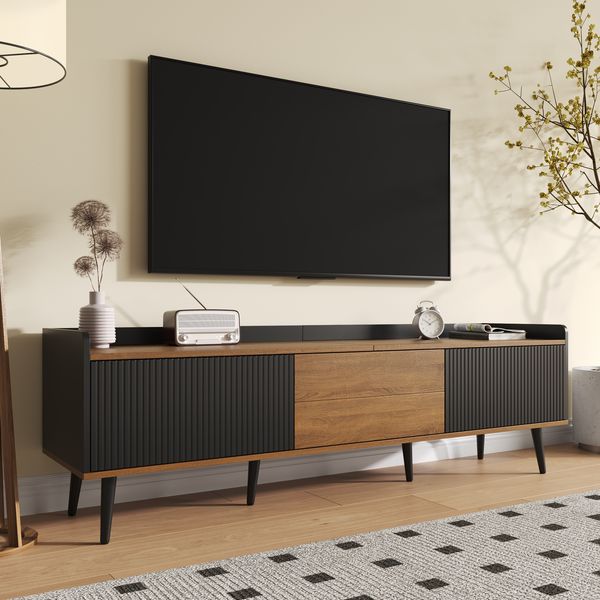 TV-Schrank Schwarz-Natur Lowboard 160 x 39 x 49,5 cm, modernes Sideboard mit drei Türen in Streifenoptik