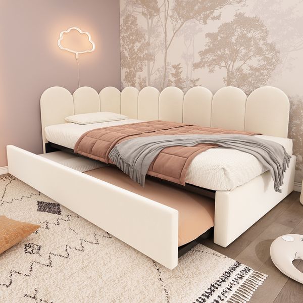 Merax Einzelbett Polsterbett 90x200cm,Tagesbett Schlafsofa mit Ausziehbett 90x190cm, Kinderbett mit Lattenrost, Samt, Beige