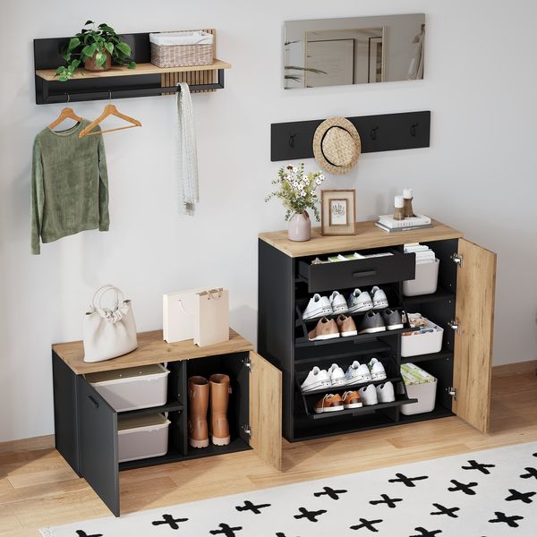 Merax Garderoben-Set, Schrank, Kommode, Spiegel, 2 Schuhschrank, ohne Dekoration, Garderobenpaneel mit Spiegel, Hutablage und 4 Haken, Schuhschrank mit Schuhbank