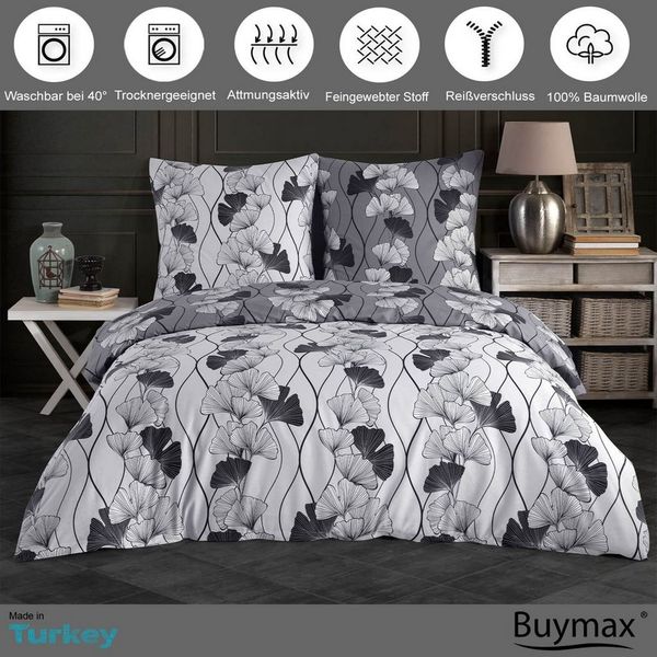 Buymax Bettwäsche Cornelia, Renforce: 100% Baumwolle, 2 teilig, 155x220 cm, mit Reißverschluss, Bettbezug-Set, Blumen, Grau, Schwarz