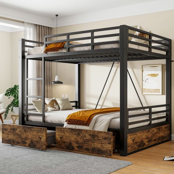 Metall Etagenbett mit Schubladen, Platzsparendes Kinderbett Aufbewahrungsbett (140x200 cm) mit Leiter und Sicherheitsgeländer, Schwarz
