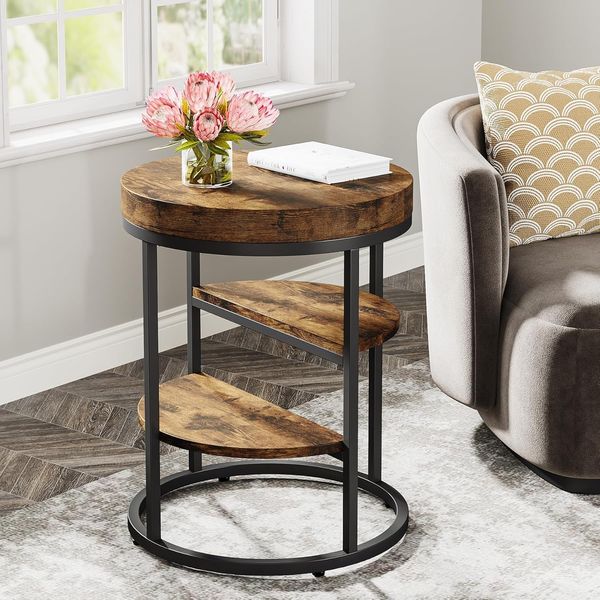 LITTLE TREE Beistelltisch rund, Kleiner Couchtisch mit Ablage - 3 Ebenen, runder moderner Kaffeetisch mit Metallgestell für Wohnzimmer Schlafzimmer, Industrie-Design, vintagebraun-schwarz