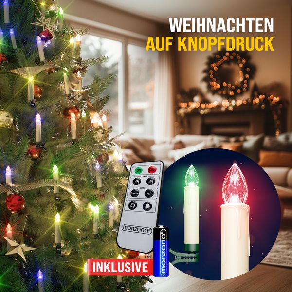 MONZANA® 30x LED Weihnachtsbaumkerzen Kabellos Fernbedienung Mehrfarbig Bunt Weihnachtskerzen Christbaumkerzen Tannenbaum
