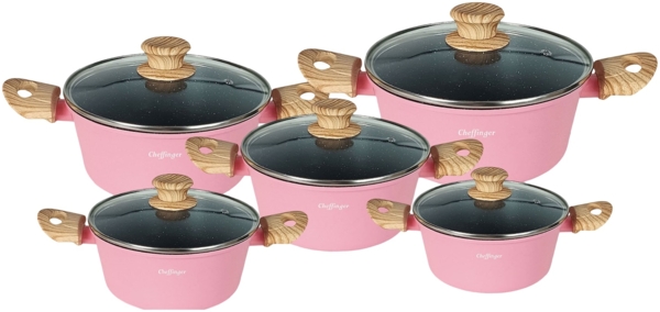 Kochtopf-Set 10-tlg. mit Glasdeckeln – Induktion geeignet, Antihaft-Marmorbeschichtung Pink