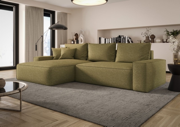 Ecksofa Schlafsofa Sofa WALKEN Stoff Aragon Olivgrün Ottomane Links