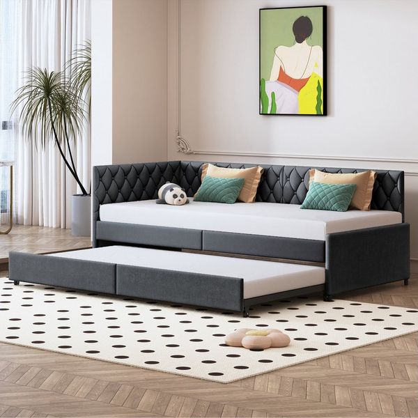 zebery Polsterbett Daybett 90x200 cm,Tagesbett Schlafsofa mit Ausziehbett 90x190 cm, Grau,Kinderbett mit Lattenrost, Samt