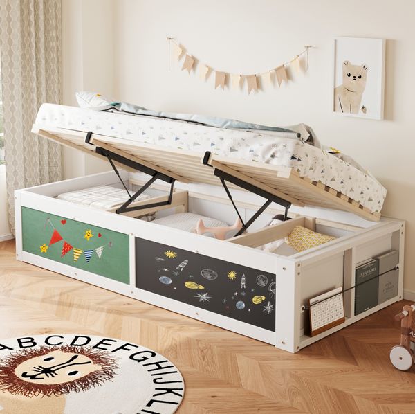 Kinderbett 90x200 cm mit hydraulischem Stauraum, Kreidetafel und Bücherfach in Weiß