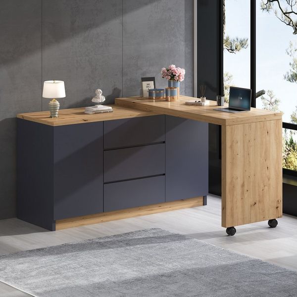 Merax Schreibtisch 2-in-1 Sideboard & Arbeitstisch (120×50×76,5 cm, 1-St, multifunktionaler Bürotisch Kommode in Weiß/Eiche), Eckschreibtisch mit 360° drehbarer Tischplatte, 2 Türen & 3 Schubladen