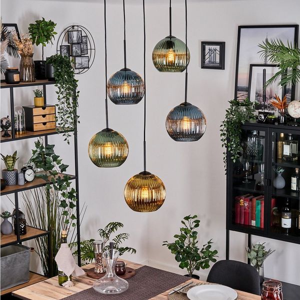 hofstein Hängeleuchte Hängelampe aus Metall/Riffelglas in Schwarz/Grün/Blau/Goldfarben, Hängeleuchte im modernen Retro/Vintage-Design (20 cm), 5 x E27