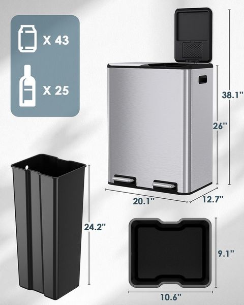 TLGREEN Mülleimer Mülltrennsystem,2 Fächer, 2x30 Liter Treteimer mit Geruchsfilter, Metall Mülltrennsystem für Küche Büro