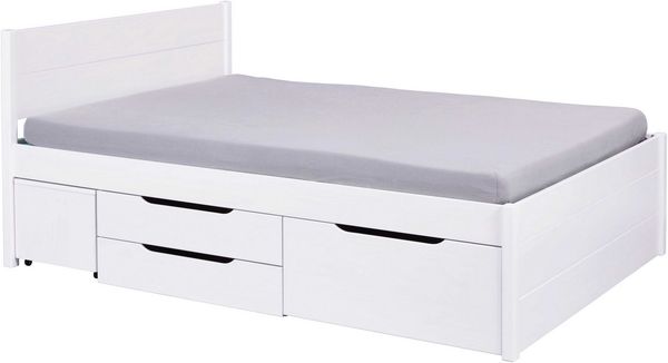 Inter Link - Bett mit Schubladen - Doppelbett 140x200 cm – Kojenbett mit Stauraum – Kiefer massivholz – 2 Schubladen und 1 Schubkasten – Inkl Lattenrost – Weiß lackiert – Efetivo 140x200 cm