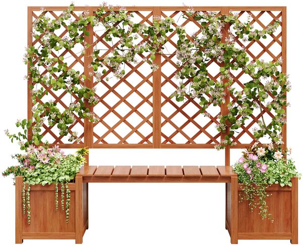 Massivholz Tanne Pflanzkübel mit Spalier-Rankhilfe & integrierter Sitzbank, Braun Blumenkasten für Kletterpflanzen, Garten Terrasse Hof