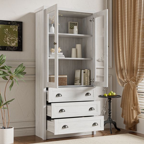 Hochschrank 80x34x171 cm, Holzoptik mit Glastüren, 3 Schubladen und Kupfergriffen