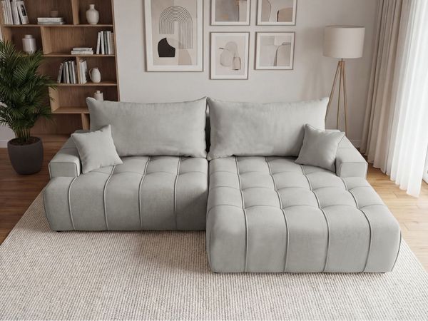 GRAINGOLD Ecksofa Tulio, Ecksofa mit Stauraum, gesteppte Sitzfläche, mit Schlaffunktion, Velour-Stoff, Hellgrau, Rechts