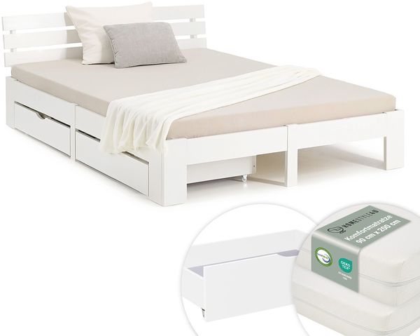 Holzbett Doppelbett 180x200 cm Bett mit 2 Bettkästen und Matratzen Holzbettrahmen Weiß Massiv Holz Lattenrost