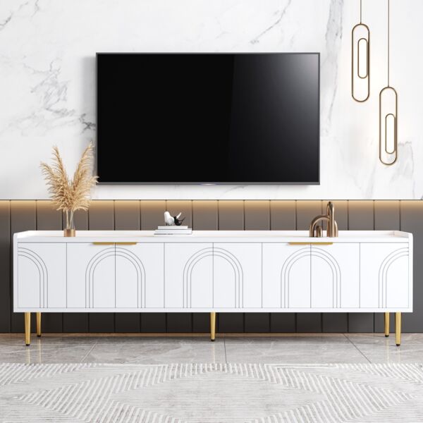 TV-Lowboard aus MDF mit 3D-Türfront & Kabeldurchführung, 170x35x47,5 cm, Weiß