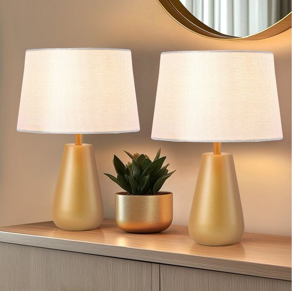 STANBOW LED Nachttischlampe Schlichte Mini-Tischlampe aus Stoff mit gebackenem Goldlack 2-Pack