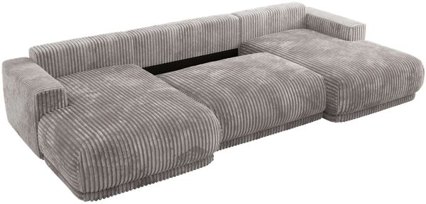 XXL Wohnlandschaft RINA U-Form 360 cm breit, Sofa mit Schlaffunktion & DL-Mechanismus, Wellenfederung, modern freistehend - Hellgrau Cord Bild 6