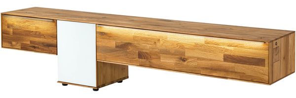 Lowboard Wildeiche 220x43x55 natur geölt / Glas weiß WIEN #107