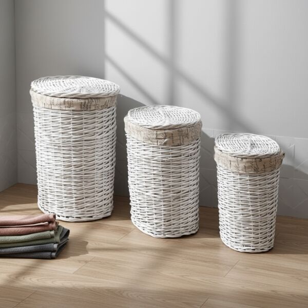 3er SET Wäschekorb Wäschebox Wäschesammler Wäschetonne Wäschetruhe Weide Rattan