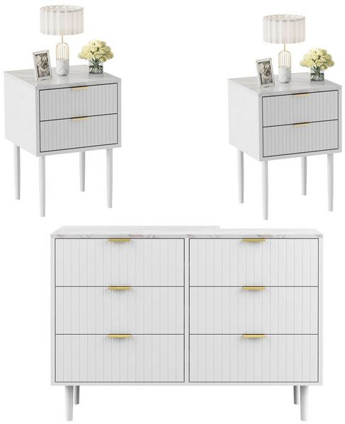 UEV Schlafzimmer-Set, 3er-Set Schlafzimmermöbel in Marmoroptik, (Kommode mit 6 Schubladen und 2er-Set Nachttisch marmor), Sideboard mit Kisppschutz, mit Soft-Close