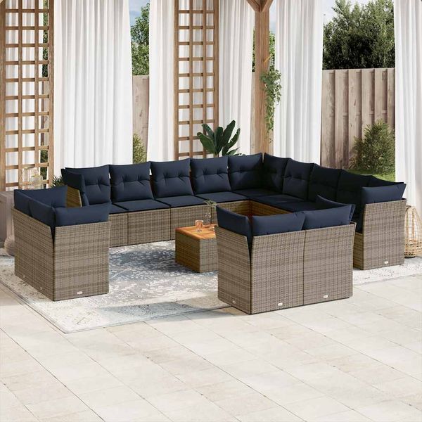 vidaXL 14-tlg. Garten-Sofagarnitur mit Kissen Grau Poly Rattan 3256292