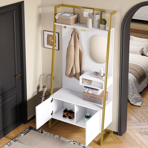 Kompaktgarderobe 78 x 38,5 x 180,5 cm mit Spiegel, Schuhschrank und Metallhaken in Weiß