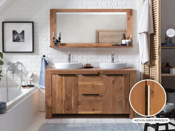 Badset Osbon 2-teilig Akazie Massivholz braun Waschtisch mit Spiegel 140 x 76 x 50 cm Badmöbelset Badezimmer-Möbel Doppelwaschplatz massivum