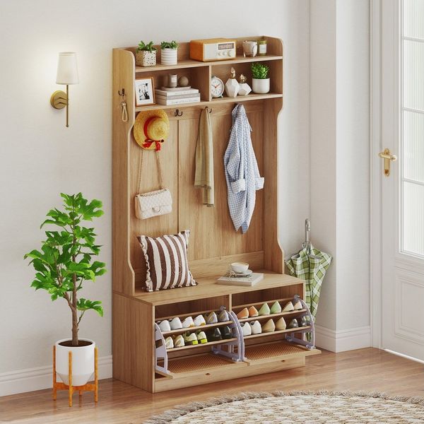 COSTWAY Kleiderständer, Holz, mit Schuhbank, Klappschubladen, Garderobe Natur