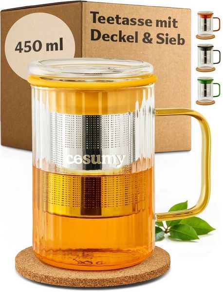 Cosumy Teeglas Teetasse mit Deckel und Sieb 450ml Gelb, 1-tlg, Borosilikatglas, Edelstahl, Kork, Edelstahlfilter