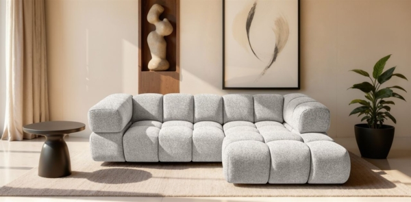Ecksofa Designersofa BLANCHE in Stoff Puente Hellgrau Ottomane Rechts Bild 1