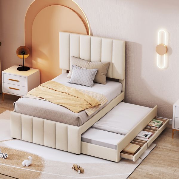 Polsterbett, mit Rollbett und Stauraumschubladen, hautfreundliche Leinenpolsterung, flaches Einzelbett, Kinderbett, Jugendbett, Gästebett (Beige), Leinenpolsterung, Beige, 90 x 200 cm