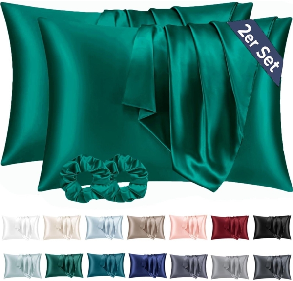 Satin Kissenbezug 40x60 Dunkel Grün 2er-Set mit Haargummis