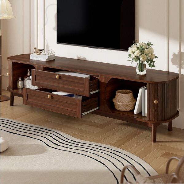 Merax TV-Schrank in Holzoptik mit Lamellentüren & abgerundeten Ecken (1-St) TV-Lowboard mit 2 Schubladen,2 Schiebetüren & Holzbeinen,170x39,5x46cm