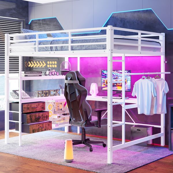 Hochbett 140×200 cm mit Rausfallschutz, LED-Beleuchtung, Schreibtisch, Treppe, Weiß, ohne Matratze